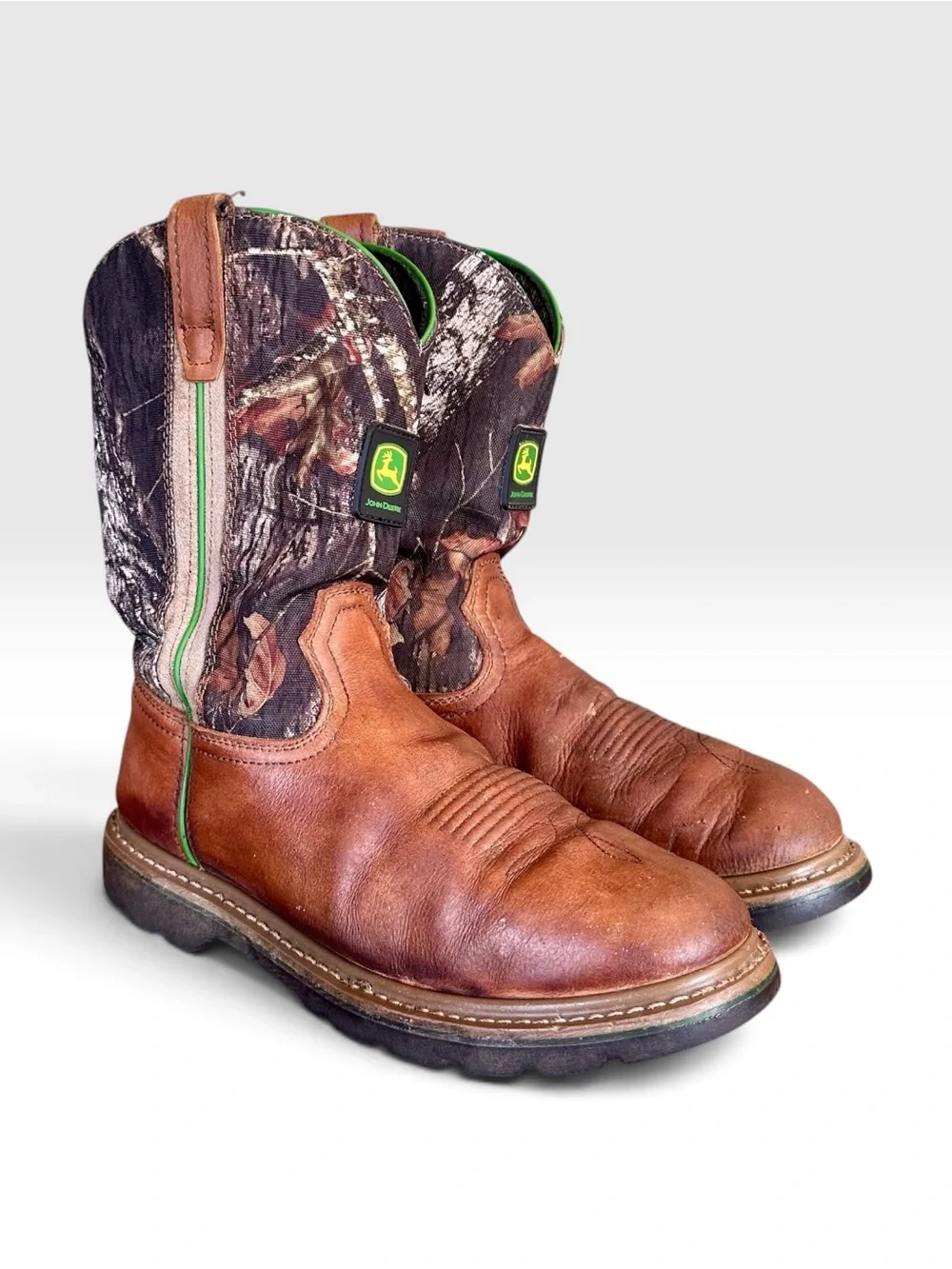 John Deere JD4148 Work Boots Mens 10W Camo Brown Leather Pull On Soft Toe